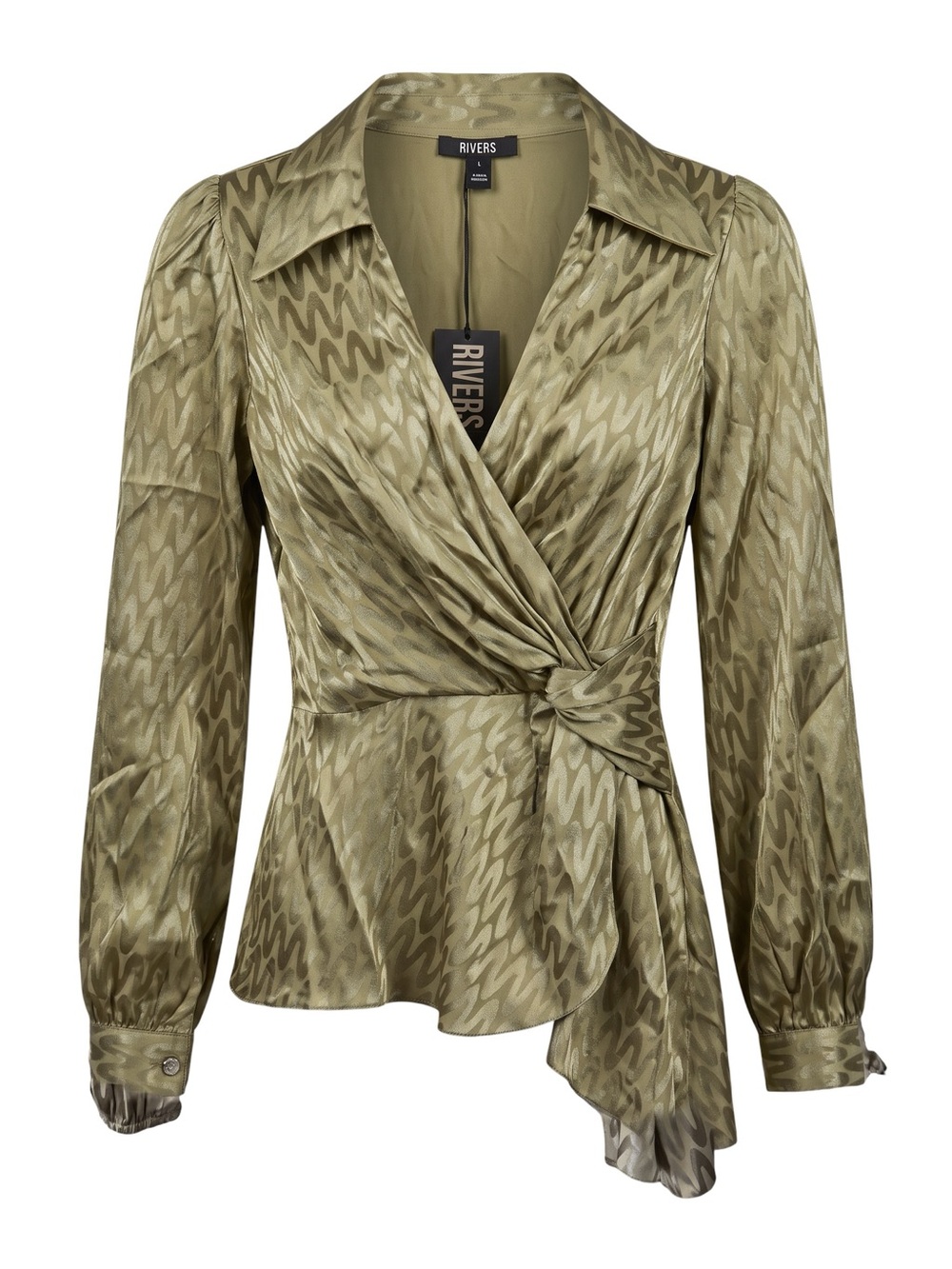 River Island Gold Print Satin Wrap Blouse with Knot Detail